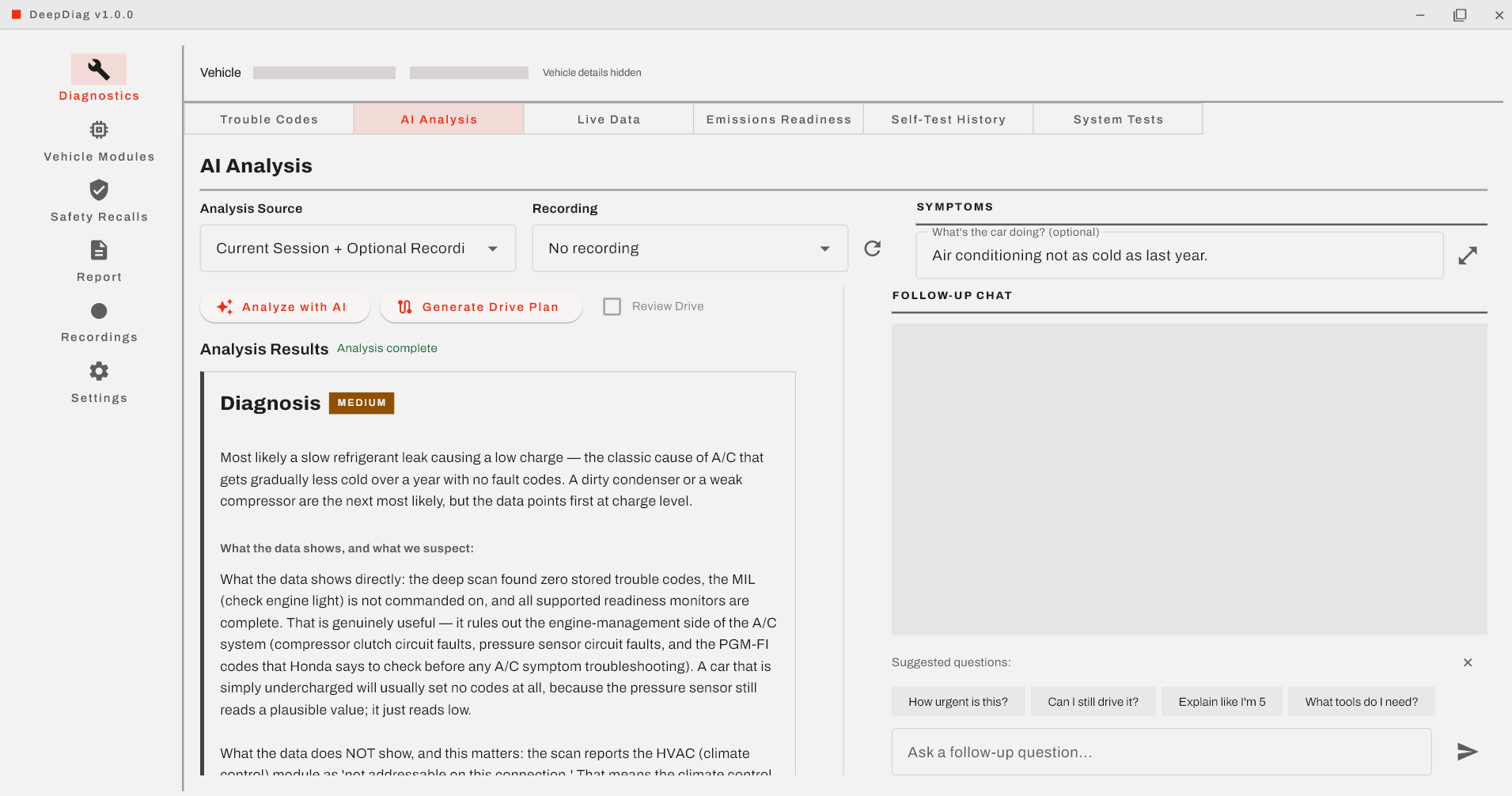 DeepDiag AI Analysis tab showing a diagnosis of an air conditioning complaint